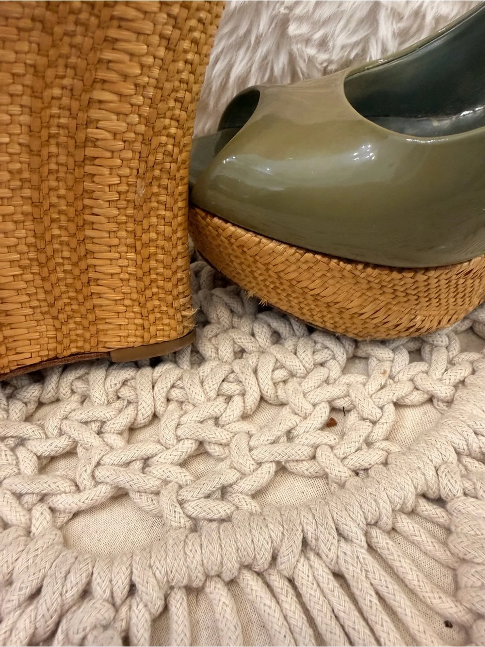 Gucci Olive Patent Leather Raffia Wedge Slingback